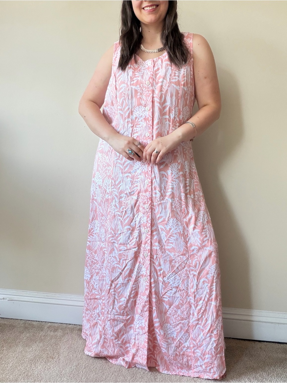 NWT Koret Pink and White Fern & Floral Sleeveless Maxi Dress
